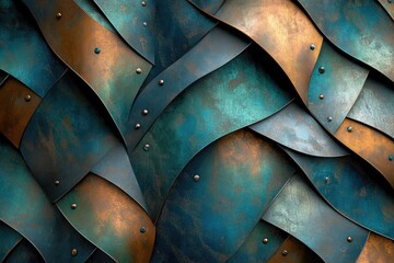 Aufkleber - Abstract background of teal and copper metallic scales, overlapping and textured, with rivets.