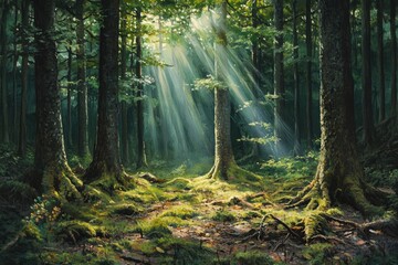 Poster - sunbeams pierce a lush, mossy forest, illuminating ancient trees and verdant undergrowth.
