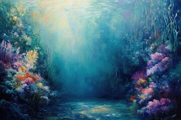 Poster - Serene underwater scene depicting vibrant coral reefs and the sun's gentle rays penetrating the water's depth.