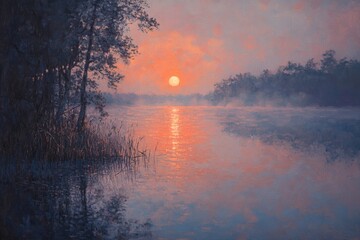Aufkleber - Serene sunrise over a tranquil lake, reflecting the warm colors of dawn.