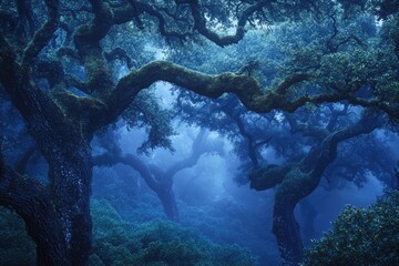 Poster - Enigmatic blue-hued forest scene with moss-covered ancient oak trees shrouded in mist.