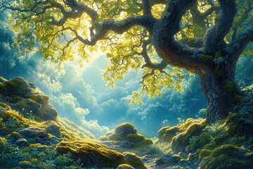 Poster - enchanted forest scene with a majestic oak tree, sunlit moss-covered rocks, and a mystical atmospher