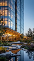 Poster - Sleek glass towers rise majestically against the dusky sky. Illuminated interiors offer a warm glow that contrasts with the cool evening, while a tranquil pond reflects the stunning structures