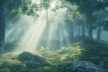 Poster - Sunbeams pierce a misty forest, illuminating a tranquil scene of lush greenery and ancient trees.
