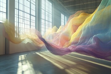 Poster - Ethereal waves of colorful fabric dance in a sunlit industrial space, creating a dynamic interplay of light and shadows, inviting viewers to experience abstract art.
