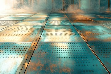 Aufkleber - A perspective view of a metallic floor with a teal and gold patina, featuring riveted square plates.