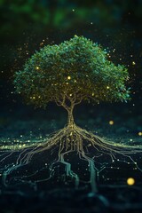 Poster - A captivating digital tree stands adorned with glowing roots and luminous particles in a serene forest setting, symbolizing the synergy between nature and technology.