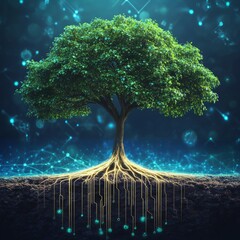 Poster - A stunning digital illustration of a tree with intricate roots representing technology and nature's synergy. Ideal for themes of growth and innovation.