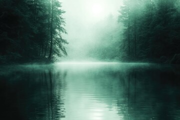 Poster - Serene misty lake surrounded by lush green forest, creating a tranquil and mystical atmosphere.