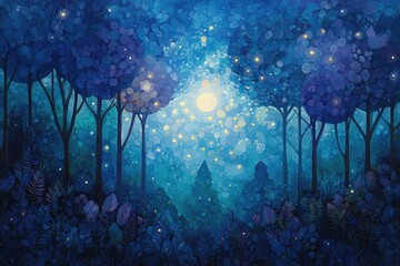 Aufkleber - Enchanted forest at night, glowing with fireflies under a bright moon.