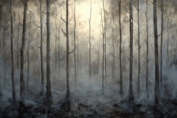 Poster - a misty forest scene depicted in grayscale, showcasing tall, slender trees in a mysterious atmospher