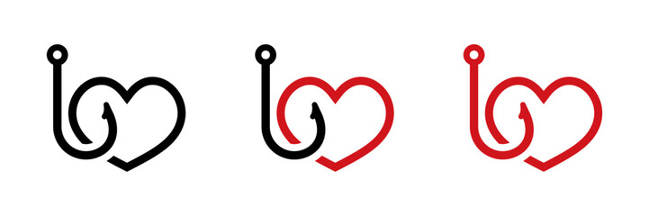 Poster - Three modern designs blend a heart with a fishing hook in black and red, showcasing minimalist style.