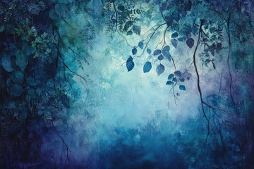 Poster - Enchanted forest scene depicted with teal and blue hues, showcasing delicate leaves and branches.