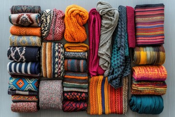 Aufkleber - A collection of neatly folded warm knitted sweaters, scarves, and socks in various autumnal colors.