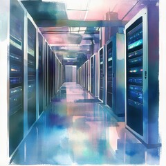 Poster - A modern data center featuring server racks in a futuristic design. The reflective floor enhances the sophisticated technology environment full of servers.