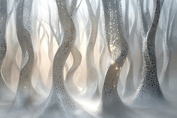 Aufkleber - Ethereal, light-filled forest of intricately carved, twisting trees in a mystical fog.