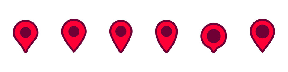 Poster - A series of red map pins showing different design stages. each pin has a distinct style variation.