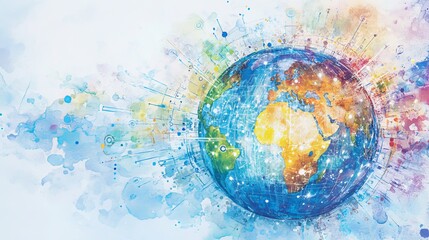 Poster - this vibrant watercolor painting features a globe surrounded by radiating elements symbolizing iot, 