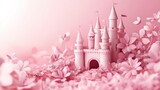 Pink castle nestled in a field of pink flowers.