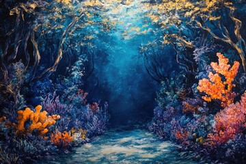 Poster - An underwater forest path, vibrant corals and trees bathed in ethereal blue light.