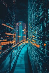 Poster - illuminated pathway between modern skyscrapers at night in a vibrant urban environment