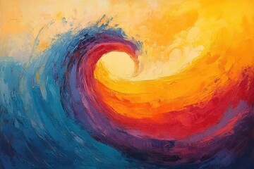 Poster - Vibrant abstract painting depicting a swirling wave, transitioning from cool blues to warm oranges and reds.