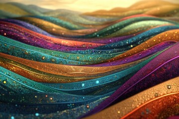Poster - Abstract art of colorful, glittering, wavy lines resembling flowing fabric or liquid metal.