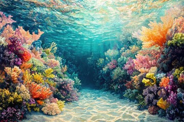 Aufkleber - Vibrant underwater scene showcasing a diverse array of colorful corals and clear, sunlit water.