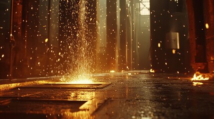 Aufkleber - Molten metal pours into casting molds, creating a dramatic display of sparks and flames in an industrial setting