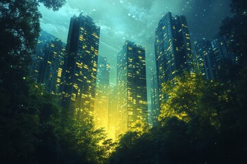 Poster - A captivating blend of urban landscape and nature, showcasing glowing skyscrapers amidst lush trees at night. The scene is serene and dreamlike.