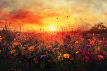 Poster - Vibrant sunset over a wildflowers meadow, painting-like beauty.