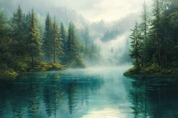 Poster - Serene mountain lake nestled among lush evergreens, shrouded in morning mist.