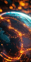 Poster - An artistic representation of Earth's surface showcasing vibrant network connections lit with glowing lights, symbolizing global communication and technology.
