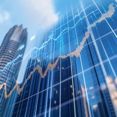 Poster - A sleek building facade showcases stock market data visualizations, representing financial growth and trend analysis in a modern urban environment.