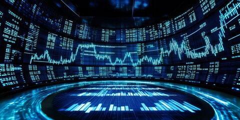 Poster - Immersive digital interface showcasing stock market charts and data streams. Perfect for finance, technology, and trading illustrations, emphasizing modern analytics.
