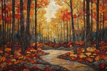 Aufkleber - Serene autumnal forest scene with a stream flowing through vibrant foliage.