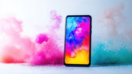 Poster - A digital advertisement campaign for a mobile app displayed on a smartphone screen with vibrant graphics on a white isolated background
