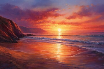 Poster - Vibrant sunset paints the beach and ocean with fiery hues, casting a warm glow on the sandy shore.