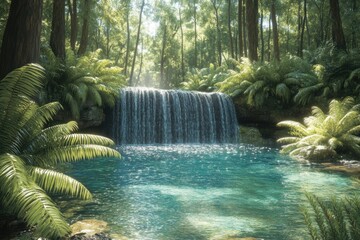 Poster - Serene waterfall cascading into a crystal-clear pool surrounded by lush tropical rainforest.
