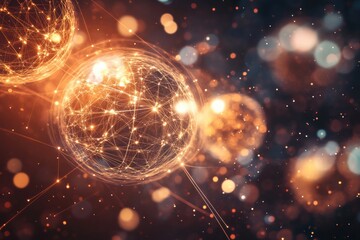 Leinwandbilder - Multiple spheres representing virtual worlds connect through illuminated beams in a cosmic setting featuring vibrant colors and thoughtful composition