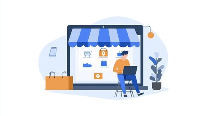 Poster - A digital marketer setting up an online ad campaign for an e-commerce store with a laptop and coffee on a white isolated background