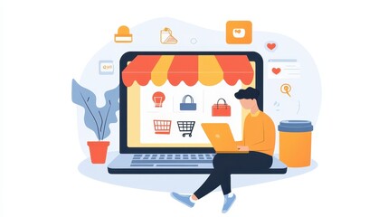 Poster - A digital marketer setting up an online ad campaign for an e-commerce store with a laptop and coffee on a white isolated background