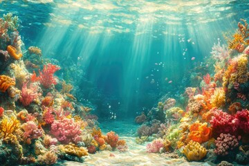 Aufkleber - Vibrant coral reef teeming with life, sunlit underwater scene showcasing diverse marine ecosystem.