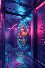 Poster - Futuristic Cyber Environment with Neon Lights and a High-Tech Portal in a Dark Hallway