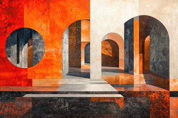 Aufkleber - Abstract architectural composition featuring arches, geometric shapes, and contrasting colors of orange, grey, and black.