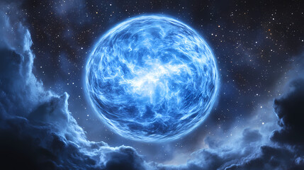 Wall Mural - a blue planet with swirling clouds, lit by stars in a vast, dark, nebulous space. nebulous. illustra