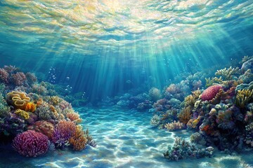 Poster - Sunbeams illuminate a vibrant coral reef teeming with marine life, a breathtaking underwater scene.