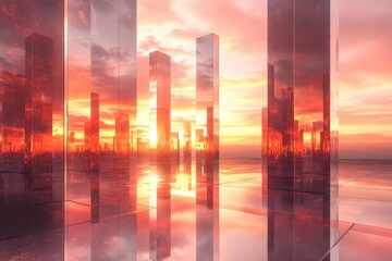 Aufkleber - Reflective skyscrapers at sunset, mirroring a fiery cityscape in a futuristic setting.
