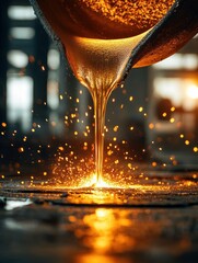Aufkleber - Molten metal pours into casting molds, creating sparks and intense flames in an industrial setting filled with massive columns