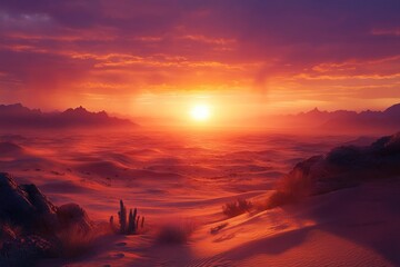 Aufkleber - A breathtaking desert sunset paints the sand dunes and mountains in fiery hues, creating a dramatic and awe-inspiring scene.